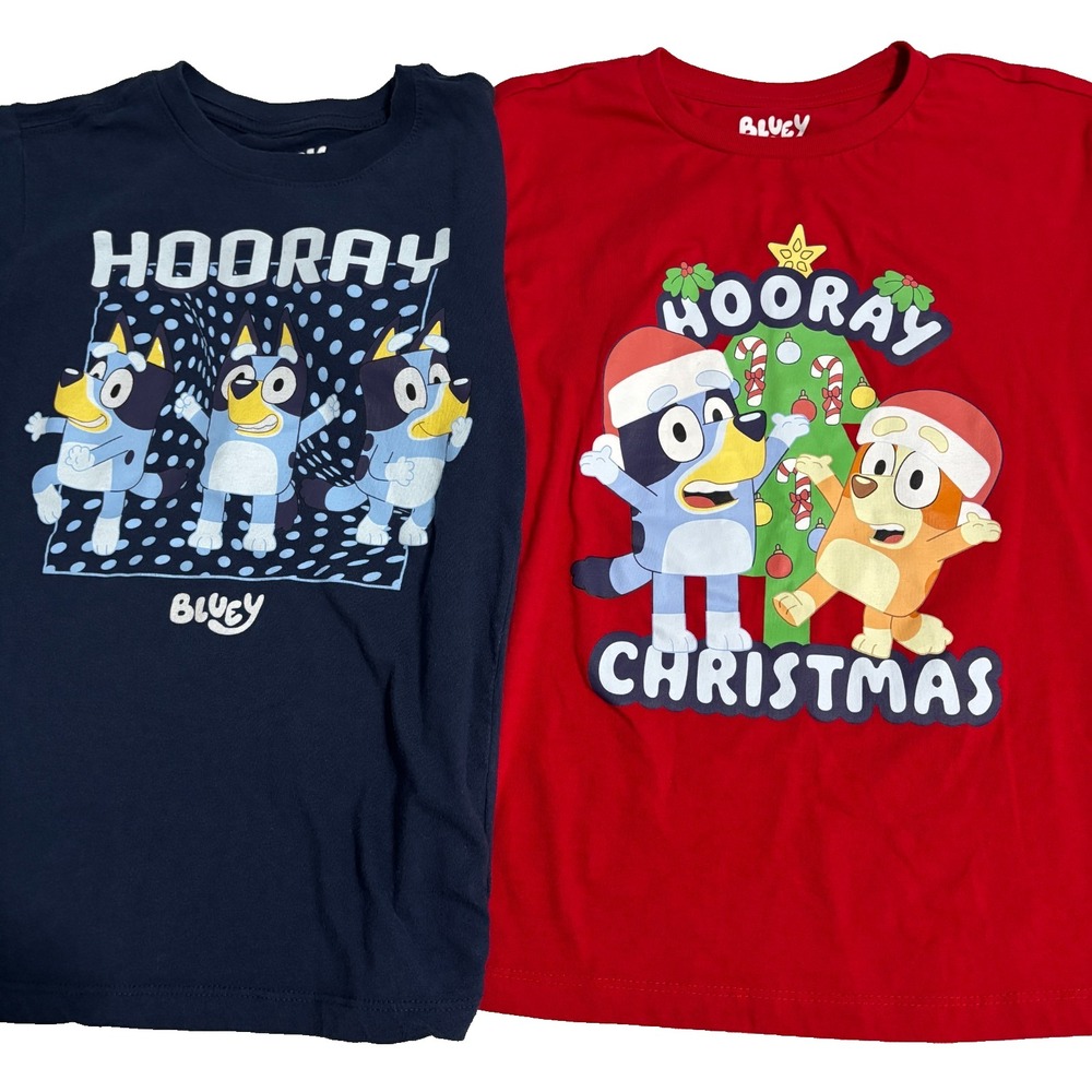 Bluey Kids T-Shirts Size 7/8 Lot of 2 Cartoon Graphic Tee Short Sleeve Christmas